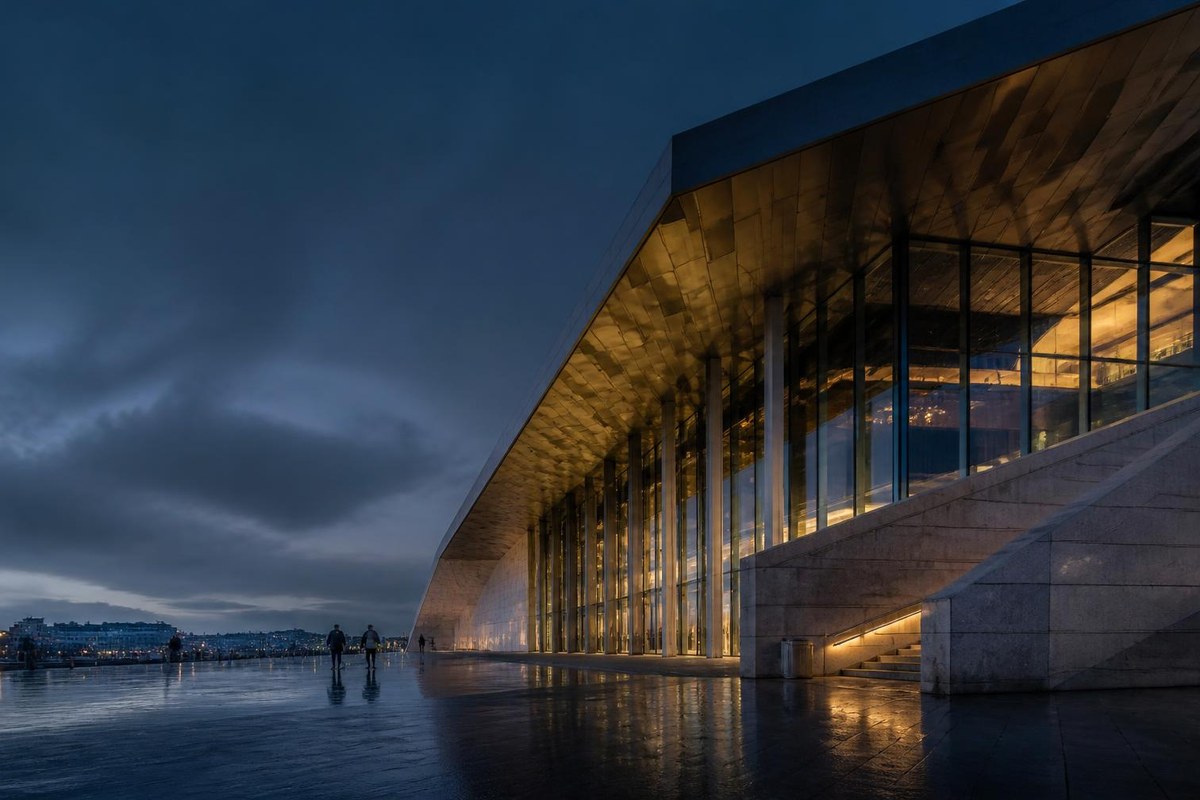 Public building and civic plaza at dusk