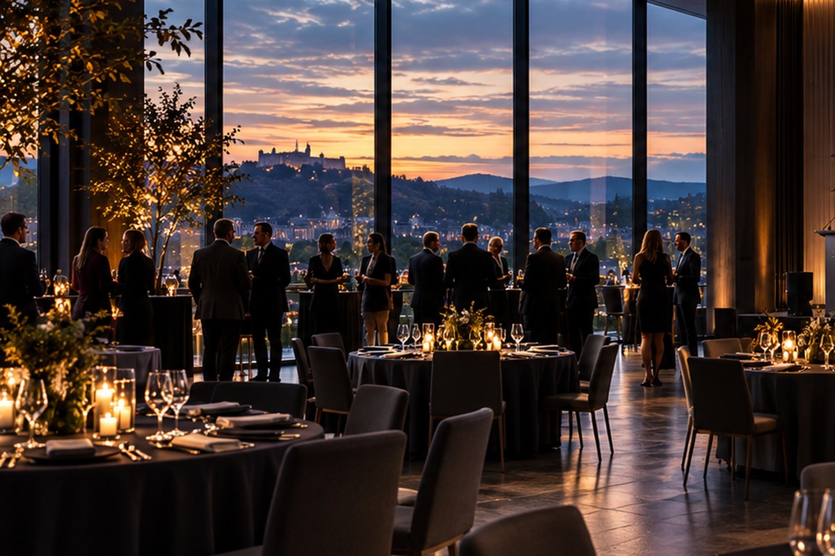 Event space set for a dinner, with city view